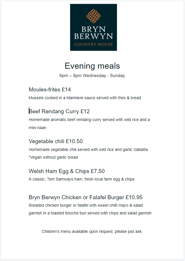 Bryn Berwyn Menu